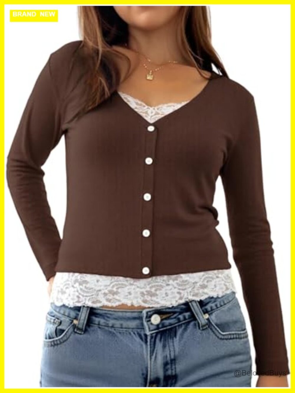 Womens Lace Long Sleeve Henley Top Y2K 2000s Fitted Going Out Blouse